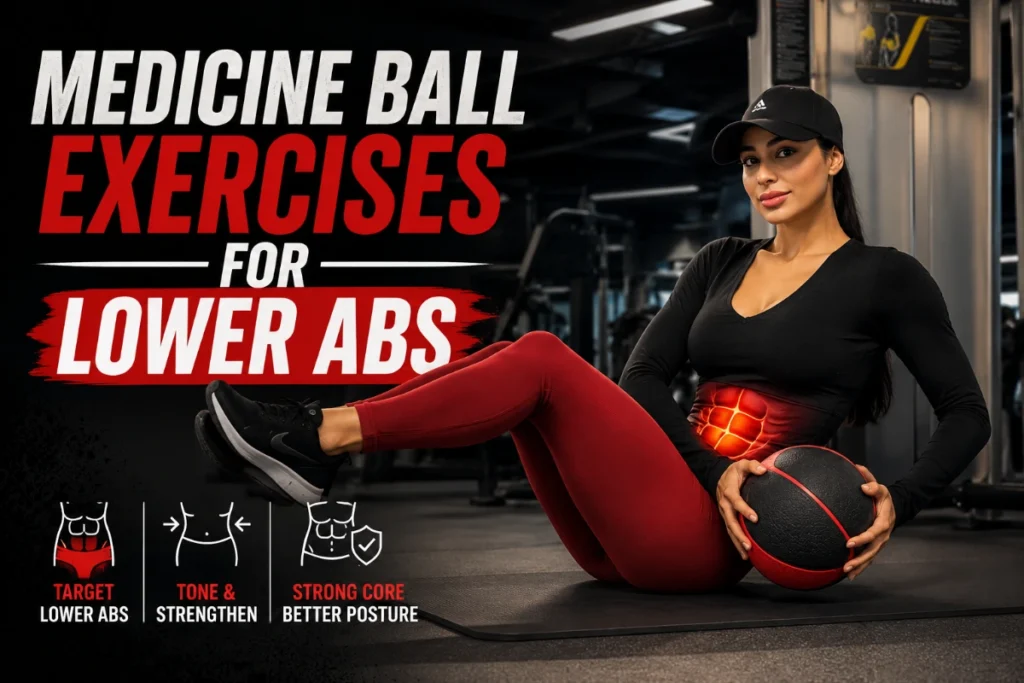 Athletic woman in a gym holding a medicine ball, highlighting lower abdominal training for medicine ball exercises targeting the lower abs.