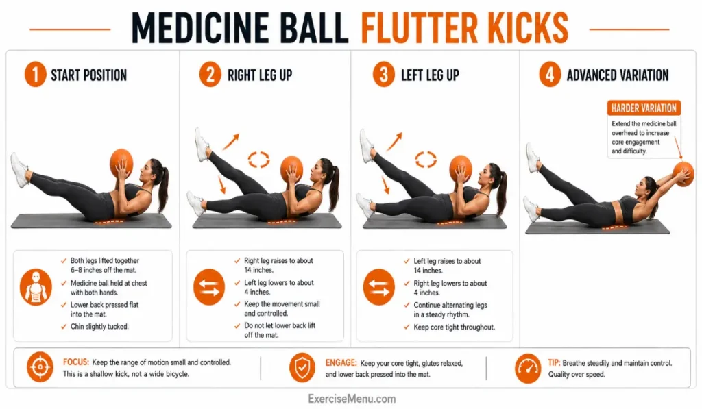 Four-panel illustration showing Medicine Ball Flutter Kicks, including the start position, right leg up, left leg up, and advanced variation with the medicine ball extended overhead.