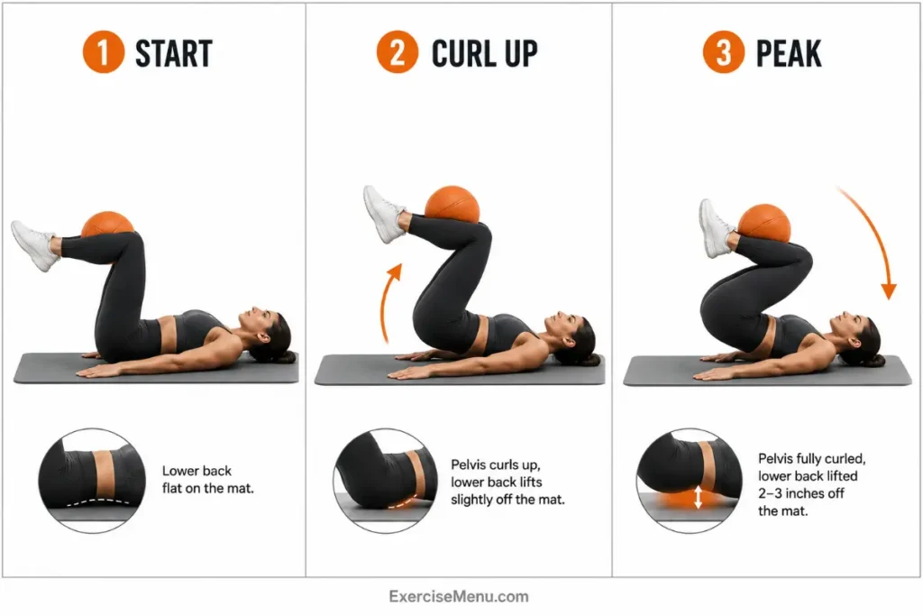 Step-by-step medicine ball reverse crunch demonstration showing proper pelvic curl technique with a medicine ball held between the knees.