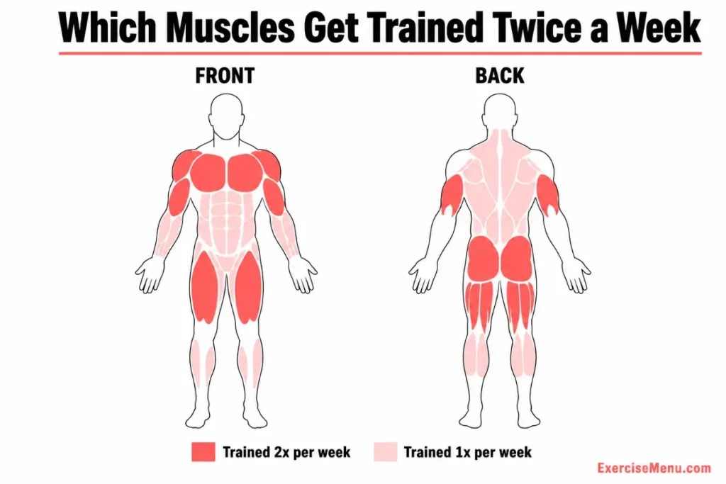 Body diagram showing which muscle groups train twice per week on a 5-day split