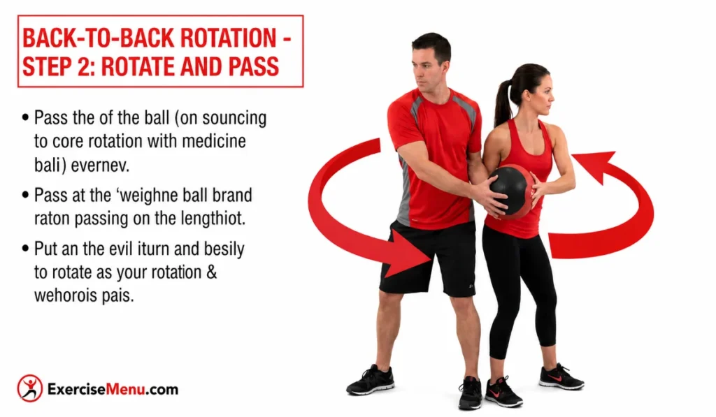 Male and female partners standing back-to-back passing medicine ball at hip height rotating torso to engage obliques and rotational core