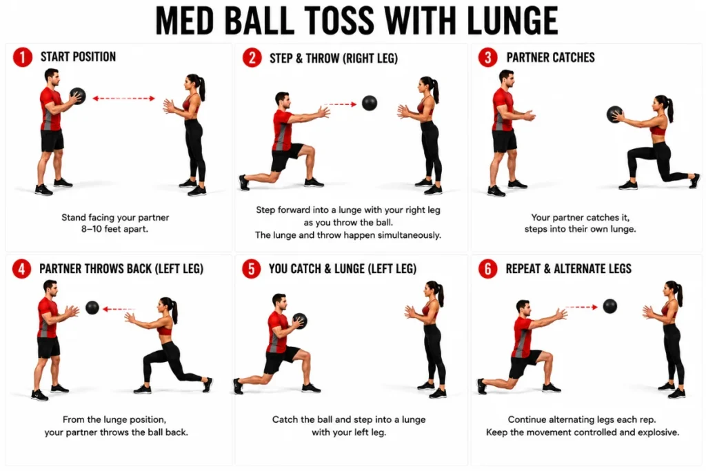 Six panel step by step guide showing medicine ball lunge toss from standing through full lunge and ball release