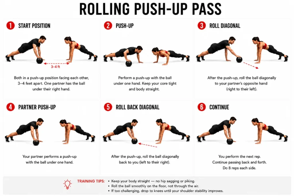 Six panel step by step guide showing medicine ball rolling push-up pass from starting position through push-up and diagonal ball roll