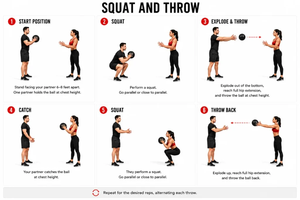 Six panel step by step guide showing medicine ball squat and throw from standing through full squat and explosive throw