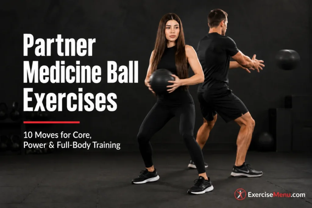 Male and female partners performing back-to-back medicine ball rotation exercise demonstrating core and rotational power training