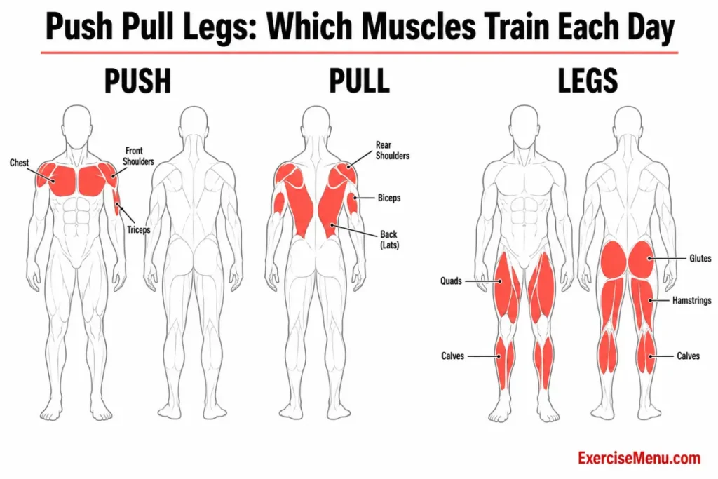 Body diagram showing which muscles train on push, pull, and leg days