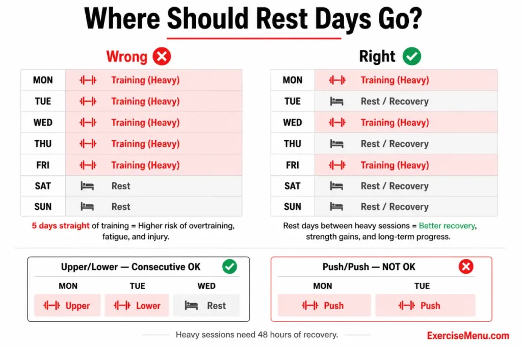 Diagram showing correct and incorrect rest day placement in a weekly workout schedule