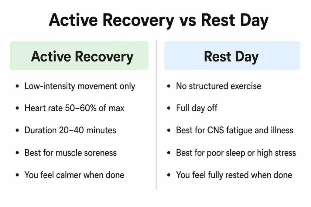Infographic comparing active recovery and rest day — differences in exercise, heart rate, duration, and best use cases
