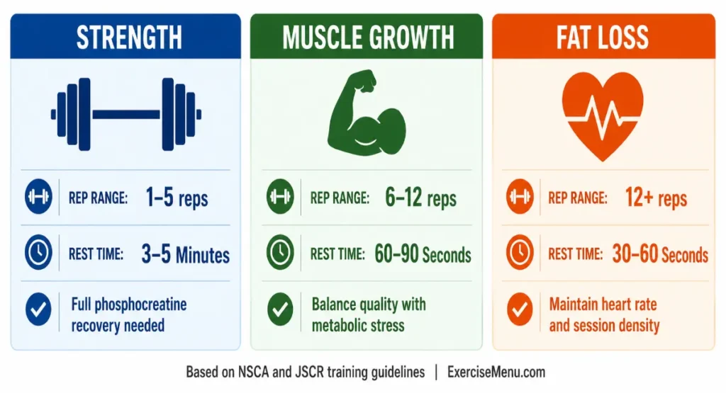 Chart showing recommended rest periods for three training goals: 3 to 5 minutes for strength, 60 to 90 seconds for muscle growth, and 30 to 60 seconds for fat loss or muscular endurance