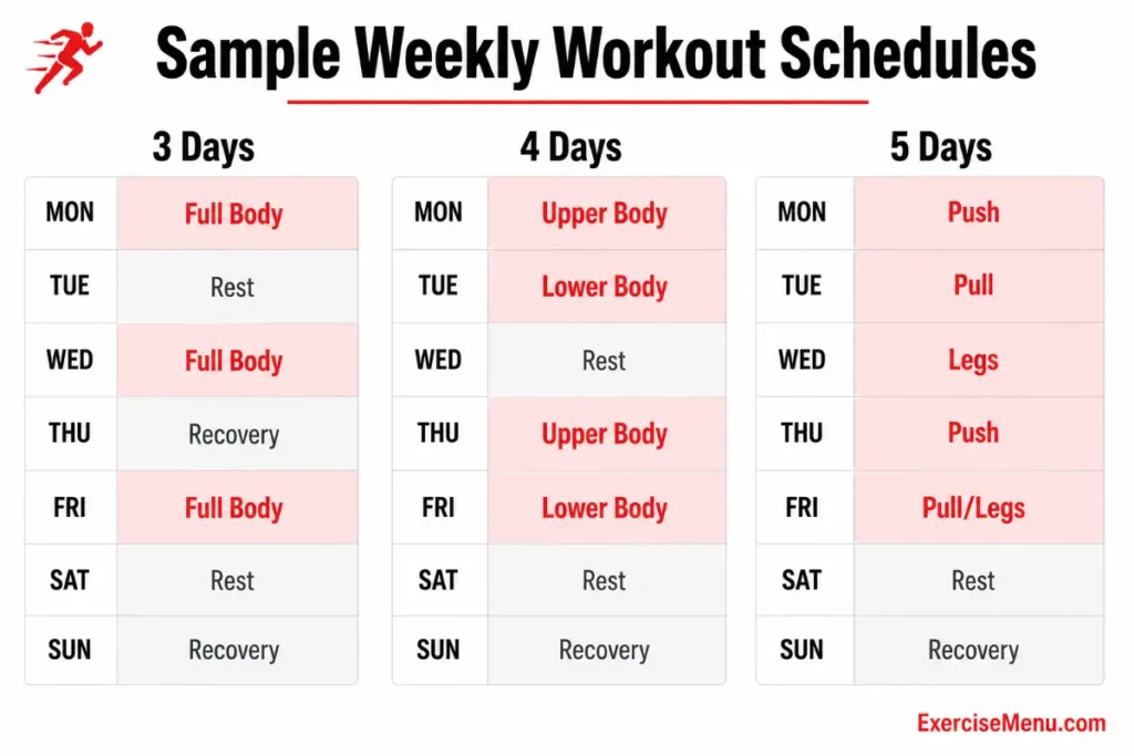 Calendar showing 3-day, 4-day, and 5-day weekly workout schedule examples