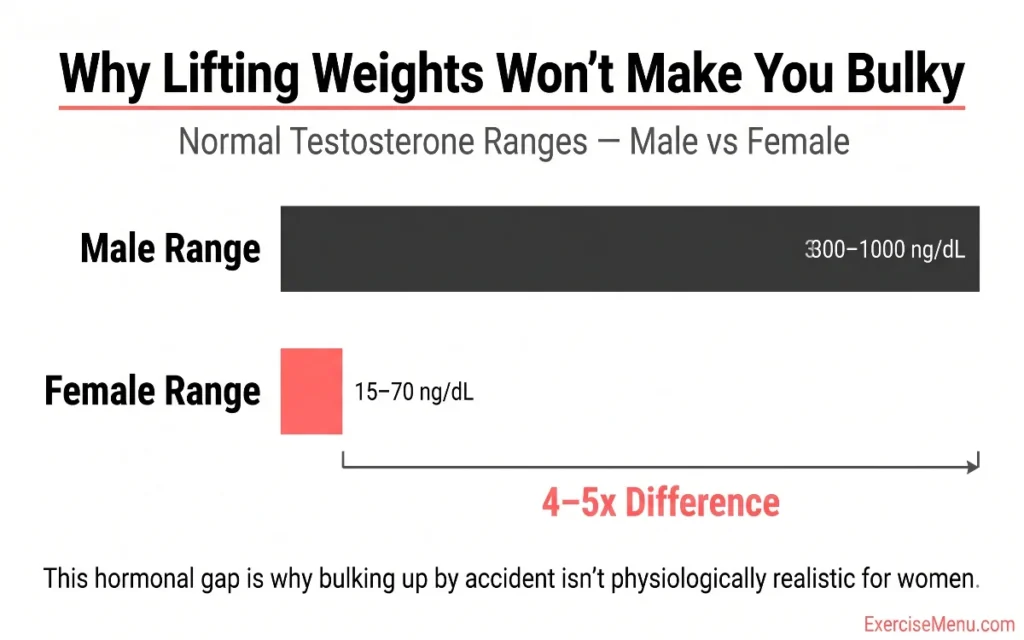 Bar chart comparing normal testosterone ranges in men versus women showing why lifting weights does not make women bulky