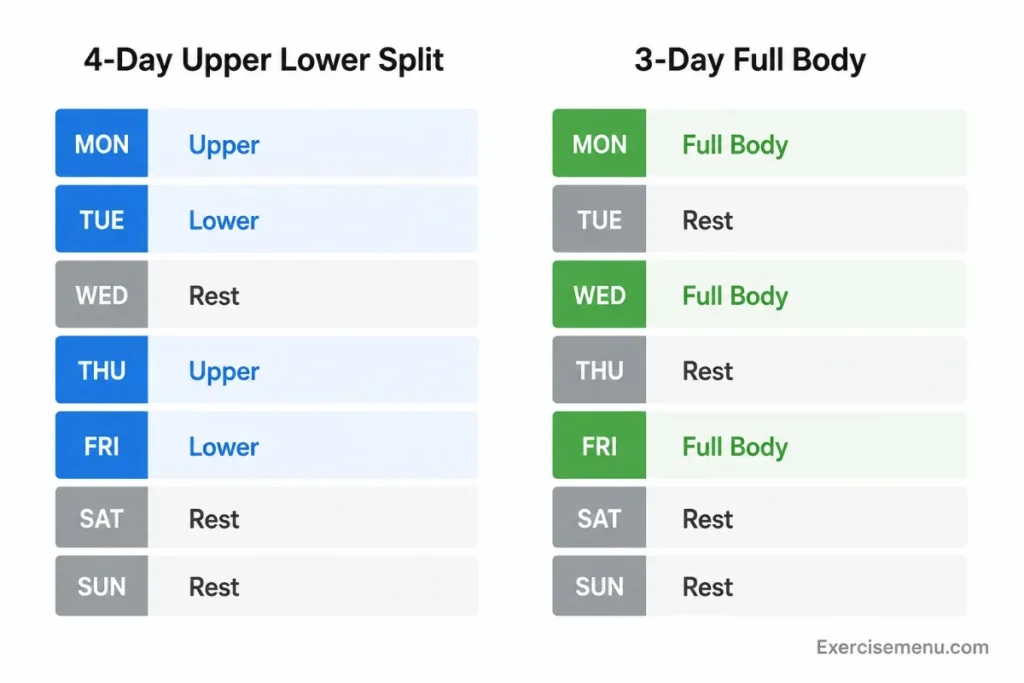 4-day upper lower split vs 3-day full body weekly training schedule comparison