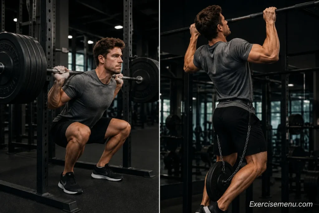 Upper lower split vs full body workout comparison — barbell squat and weighted pull-ups side by side