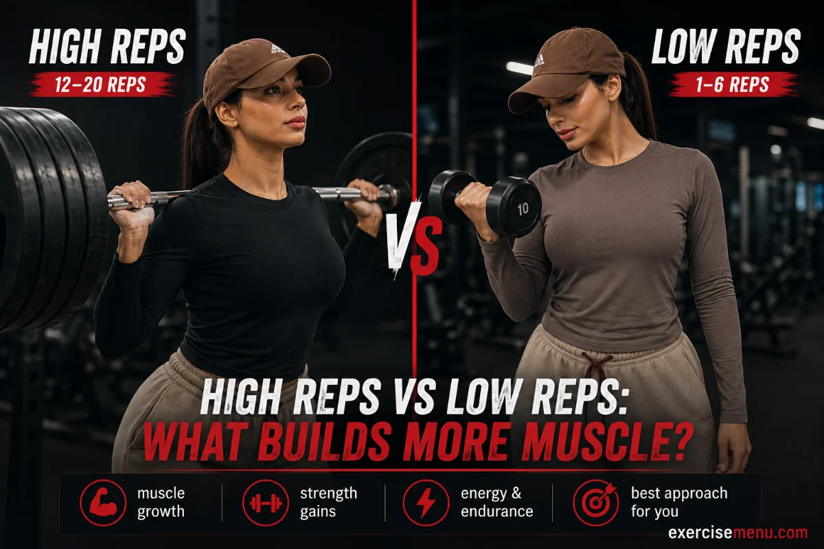 High reps vs low reps comparison showing the same woman demonstrating both training styles with dumbbells in a gym, explaining which rep range is better for muscle growth and strength.