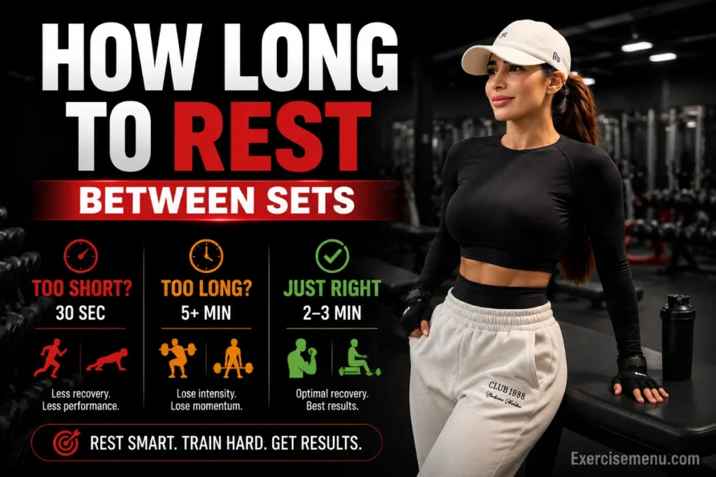 How Long to Rest Between Sets? (Science-Based Guide 2026) Fitness infographic showing optimal rest between sets with a woman resting between exercises and text comparing short, long, and ideal rest periods
