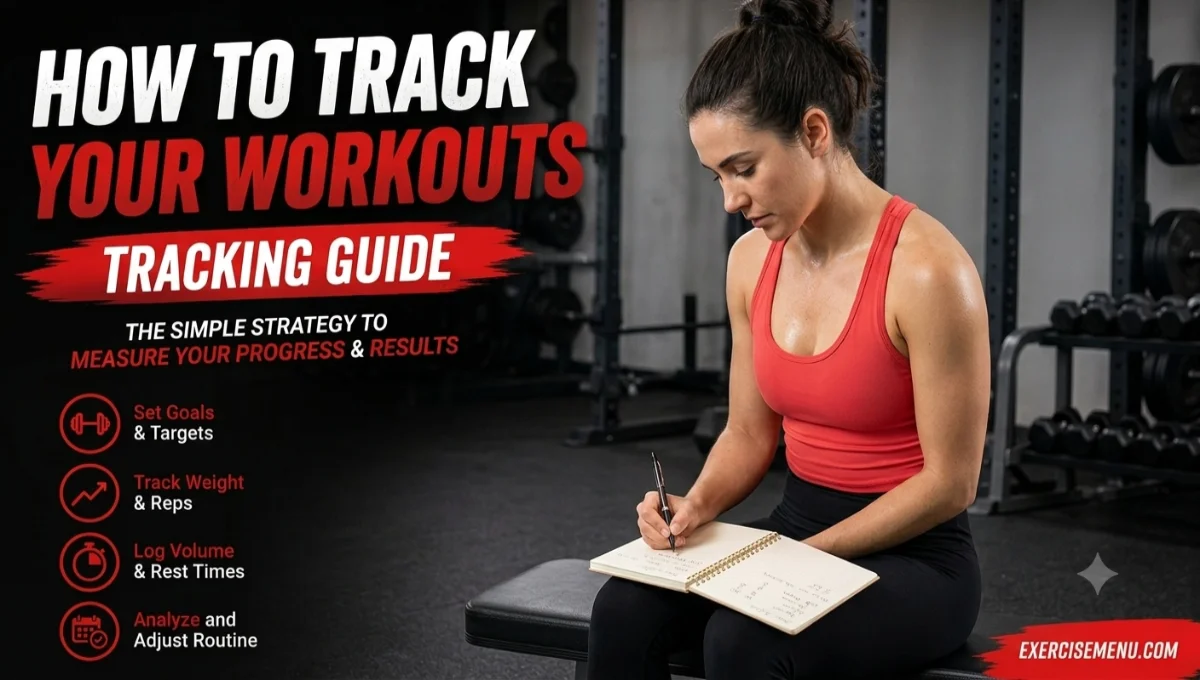 Fitness coach writing in a workout journal between sets on a gym bench, with dumbbells on the floor beside her