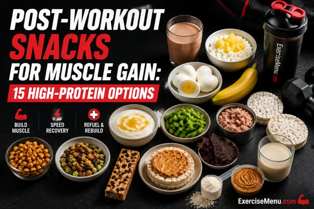 Post-workout snacks for muscle gain — Greek yogurt, beef jerky, eggs, cottage cheese, protein shake, and banana on a dark background
