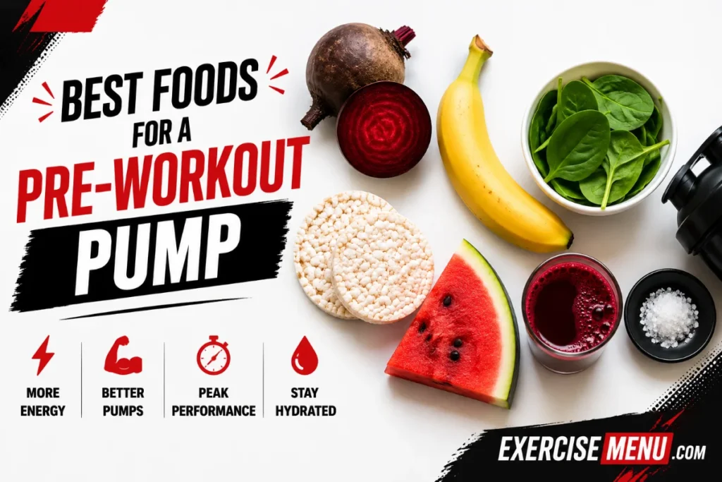Best Foods for a Pre-Workout Pump + 5 Meal Combos Flat lay of pre-workout pump foods including beetroot, banana, spinach, watermelon, rice cakes, beet juice, and sea salt on a white surface