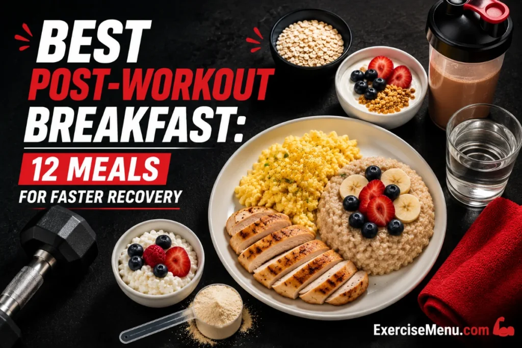 Best post-workout breakfast ideas — scrambled eggs, oatmeal, Greek yogurt, protein shake, and banana for muscle recovery
