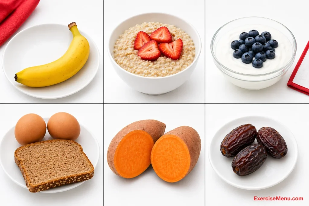 Six-panel grid showing the best pre-workout foods — banana, oatmeal with strawberries, Greek yogurt with blueberries, eggs with toast, sweet potato, and dates