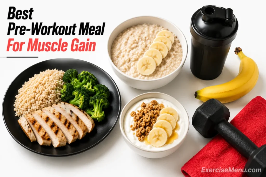Chicken with brown rice, protein oatmeal, Greek yogurt and a banana protein shake arranged as pre-workout meals for muscle gain.
