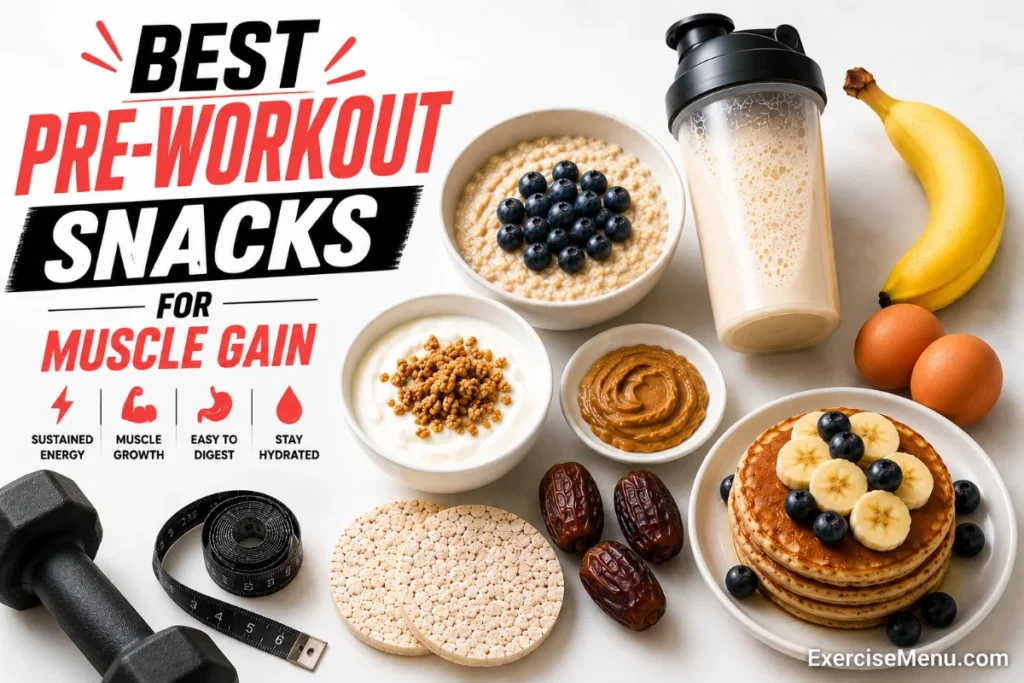 Best pre-workout snacks for muscle gain including banana, oatmeal, whey protein, Greek yogurt, eggs, dates and peanut butter arranged on a white background.