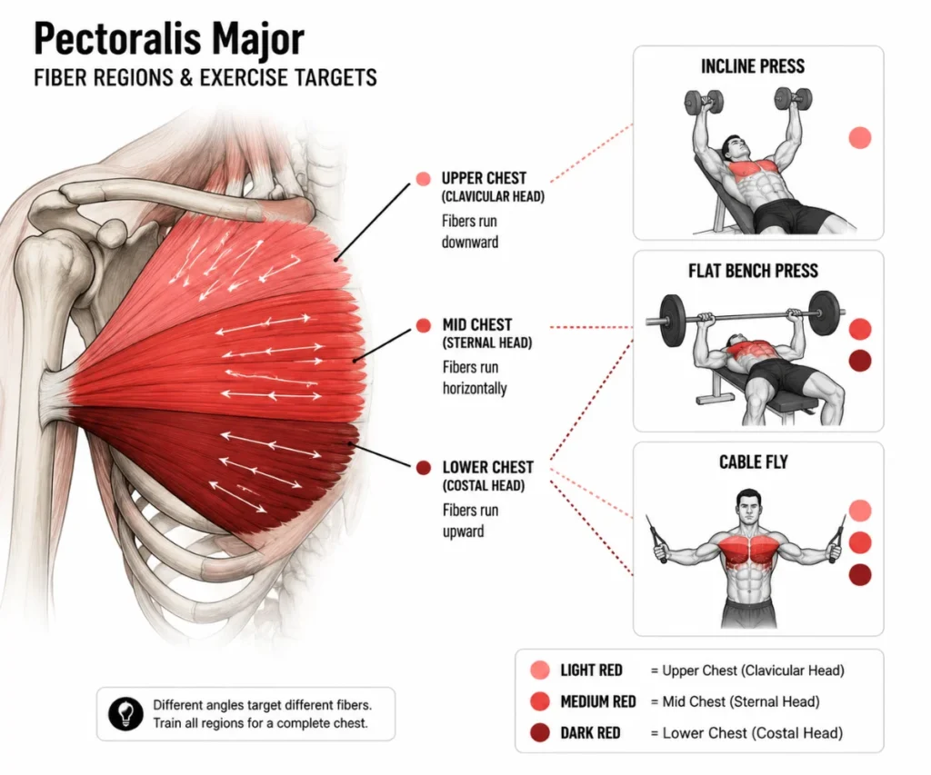 Anatomical diagram of chest muscle showing three fiber regions — upper, mid, and lower — with exercises that target each region