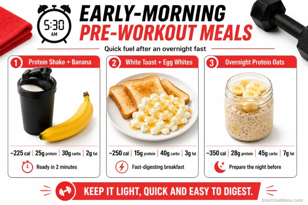 Protein shake with banana, white toast with egg whites and overnight oats as early-morning pre-workout meals.