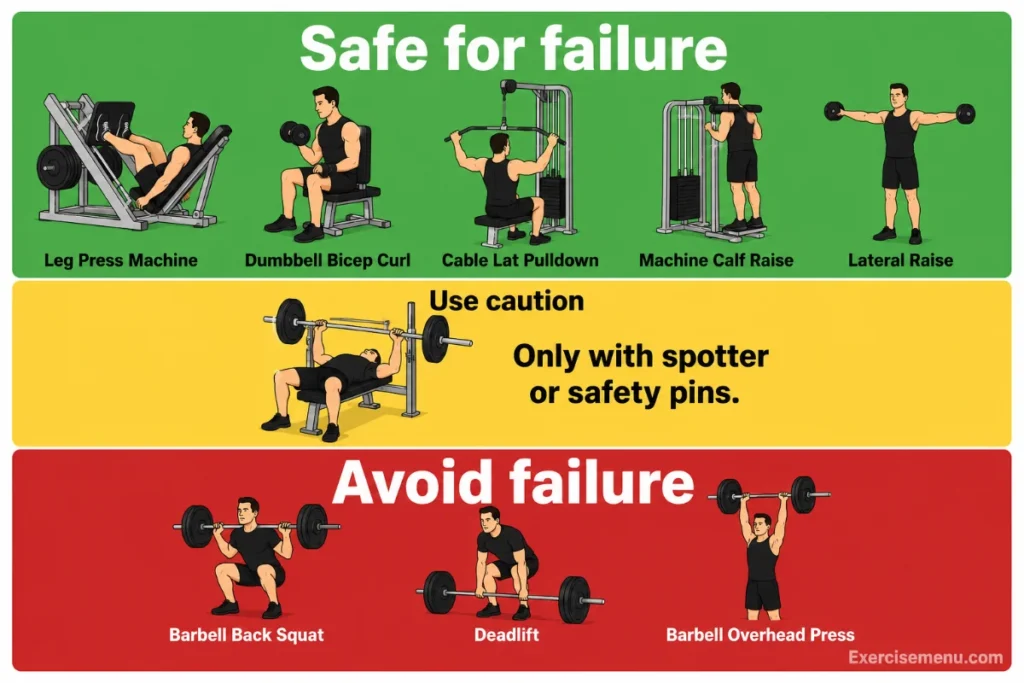 Infographic showing which exercises are safe for training to failure (leg press, curls, cable rows) versus exercises to avoid (squat, deadlift, overhead press)