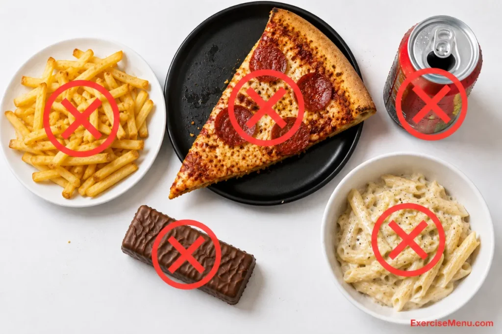 Foods to avoid before a workout including french fries, pizza, soda, candy, and creamy pasta with red X marks over each