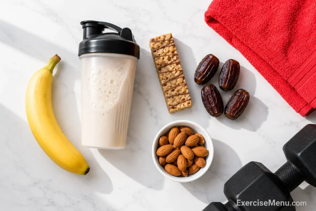 Quick grab-and-go pre-workout snacks including banana, whey protein, protein bar, dates and almonds.