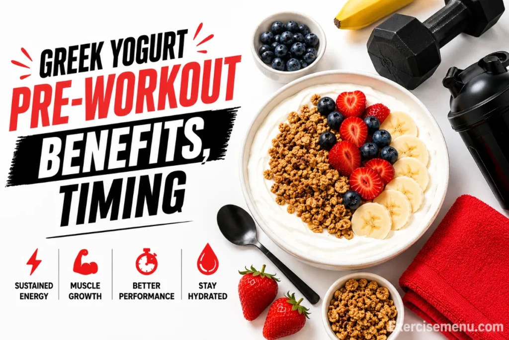 Is Greek Yogurt a Good Pre-Workout Snack? Complete Guide Greek yogurt bowl with banana, berries, granola and honey styled as a healthy pre-workout snack with subtle fitness accessories.