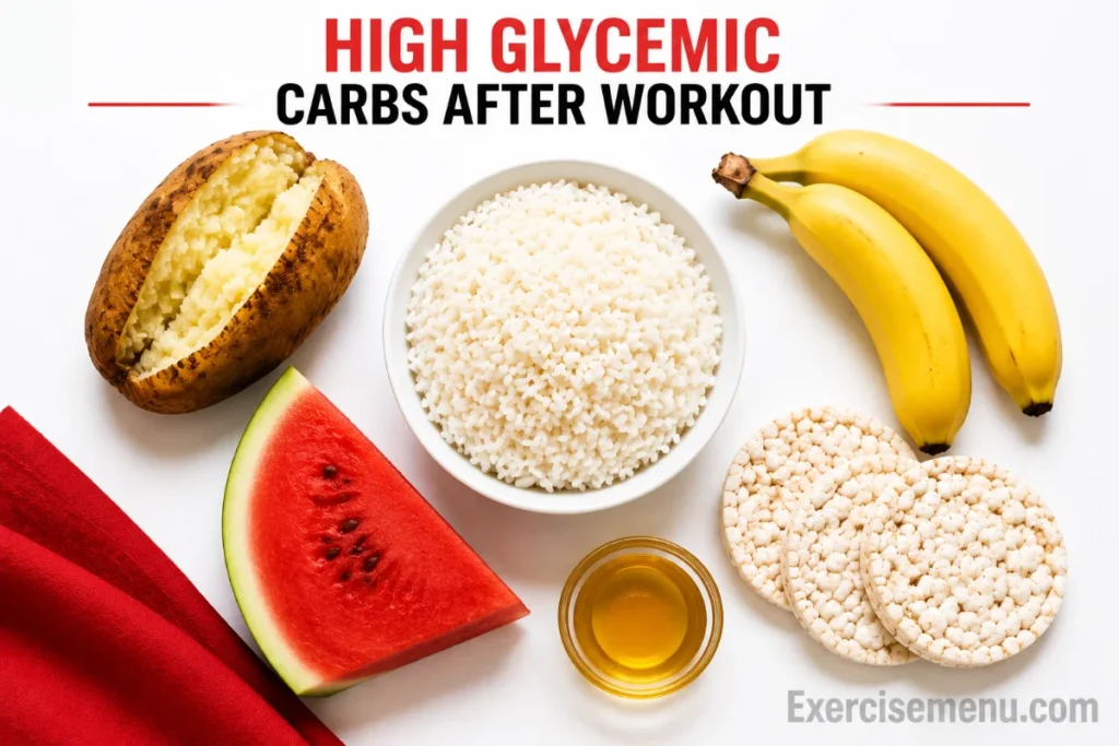 High glycemic foods after workout including white rice, baked potato, banana, and rice cakes on a white surface