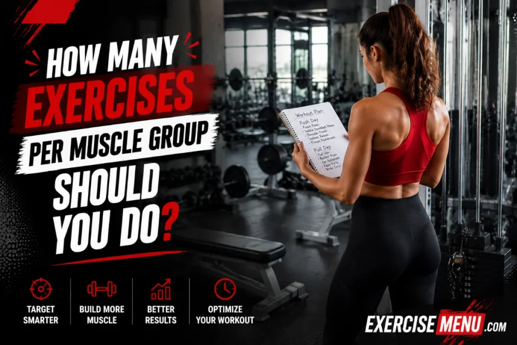 How Many Exercises Per Muscle Group Should You Do? Woman in gym planning her workout with multiple exercise equipment options visible in background