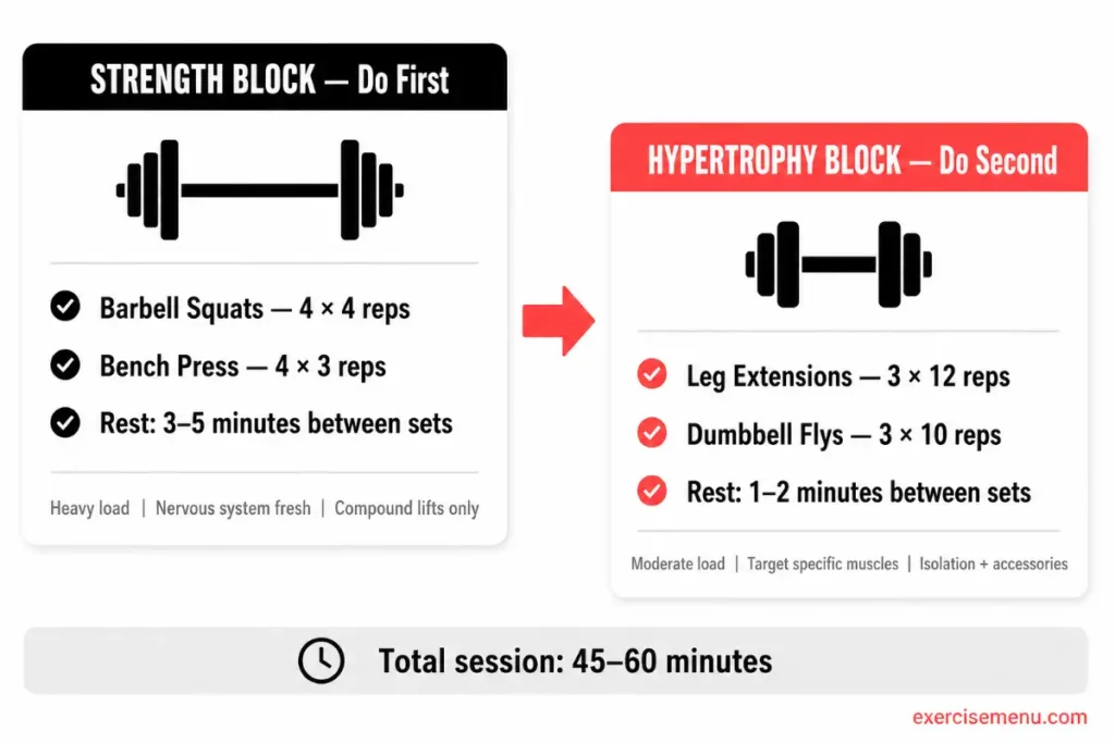 Hybrid workout structure showing strength block with heavy compounds first then hypertrophy block with isolation exercises