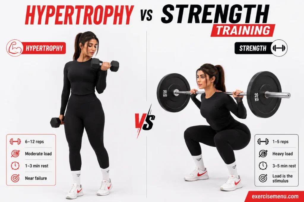 Hypertrophy vs Strength: What’s Different and Which to Pick Woman performing a dumbbell curl for hypertrophy and a barbell squat for strength in a white studio
