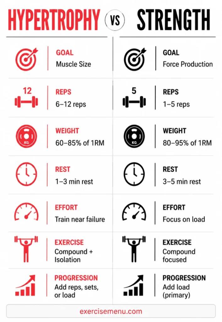 Infographic comparing hypertrophy and strength training across reps, load, rest, effort, exercise selection, and progression