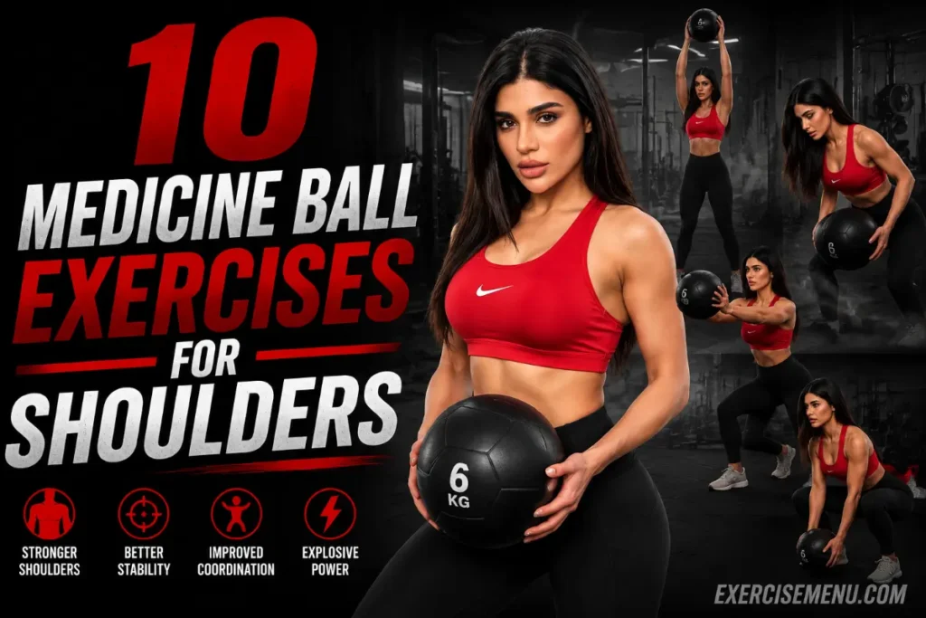 Women performing medicine ball exercises for shoulders, pressing a medicine ball overhead in a gym
