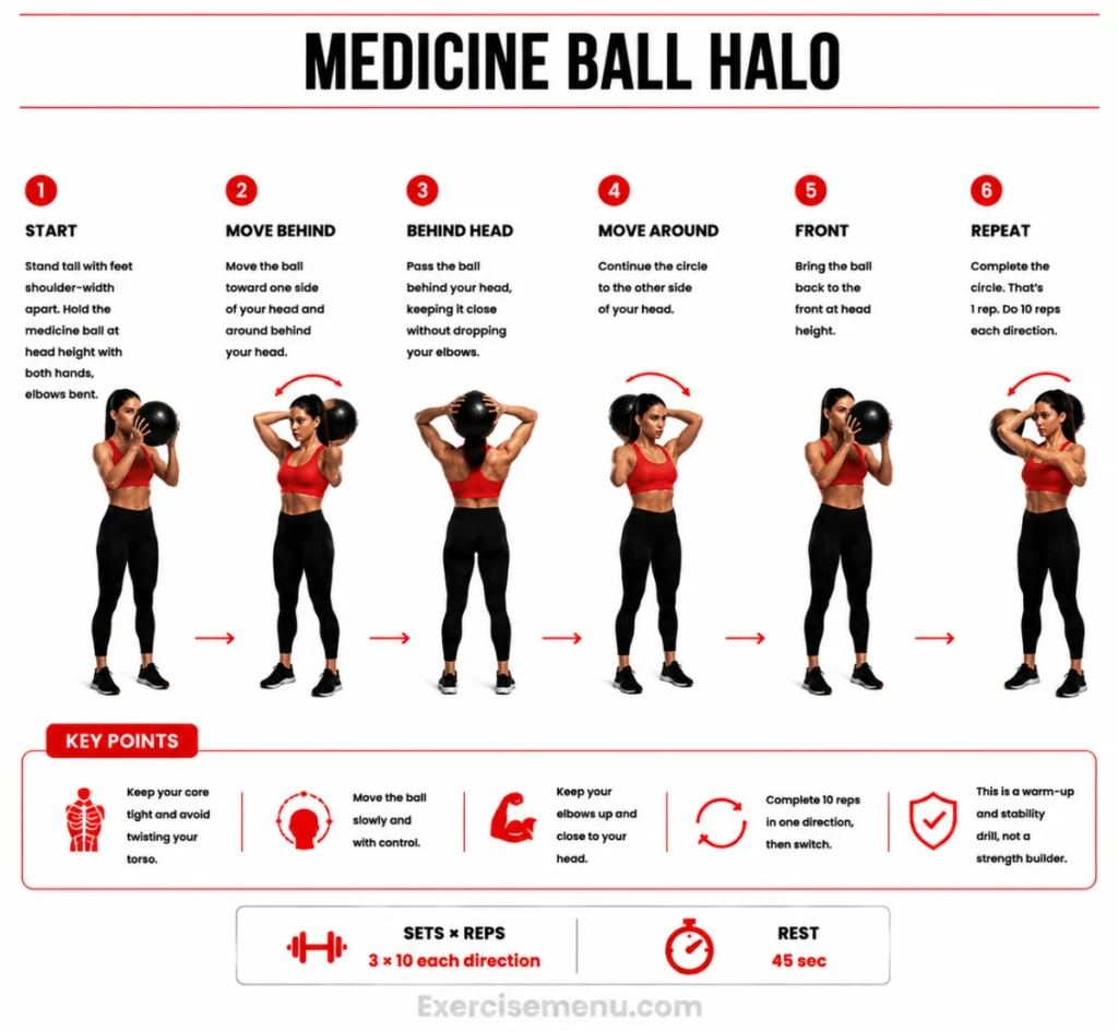Man performing a medicine ball halo, circling the ball around his head at head height