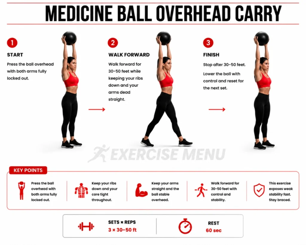 Man walking forward while holding a medicine ball overhead with arms fully extended