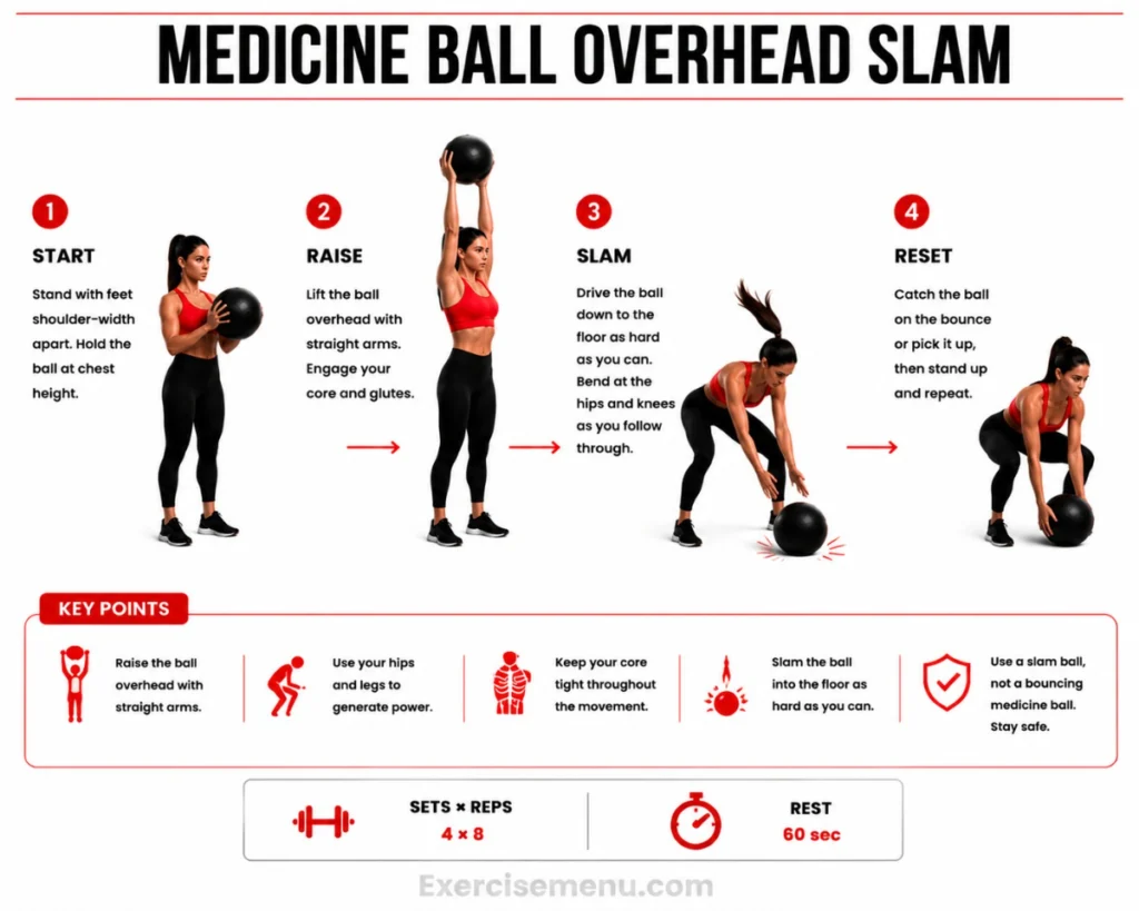 Man slamming a medicine ball into the ground from an overhead position for explosive power