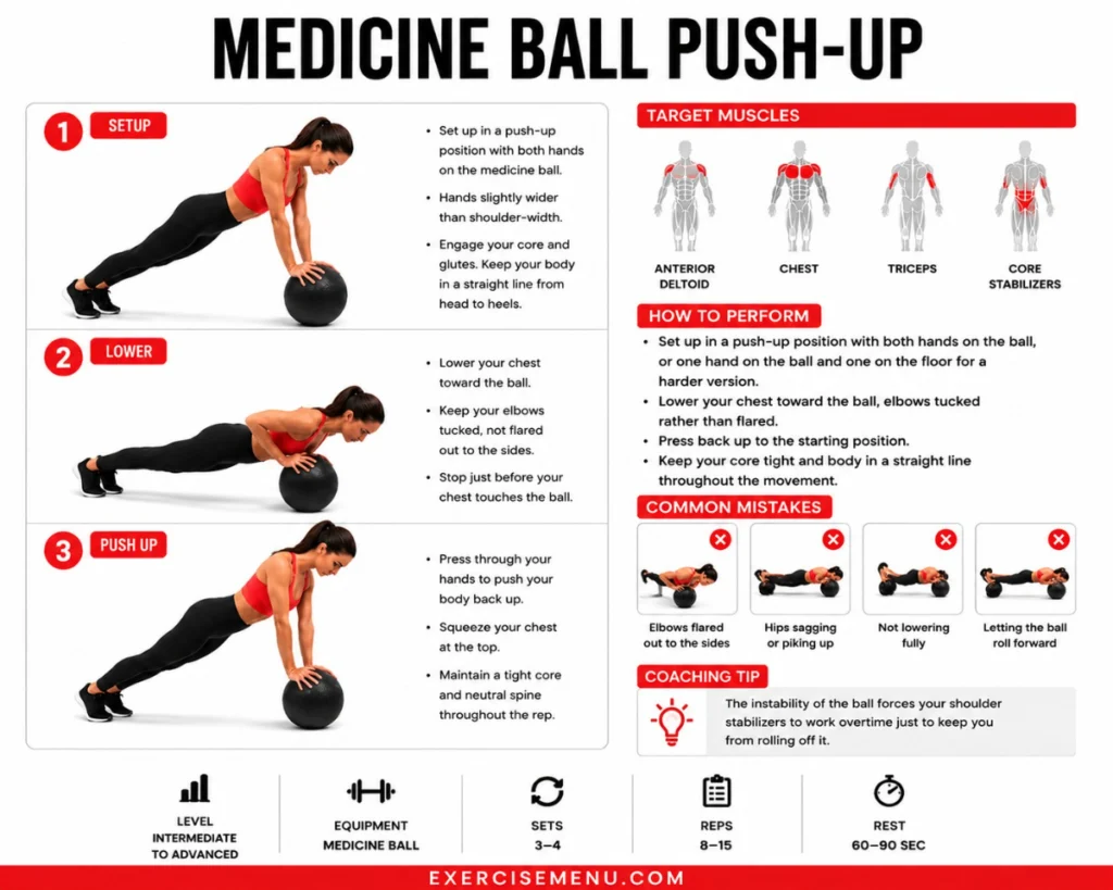 Man performing a push-up with both hands on a medicine ball to build shoulder stability