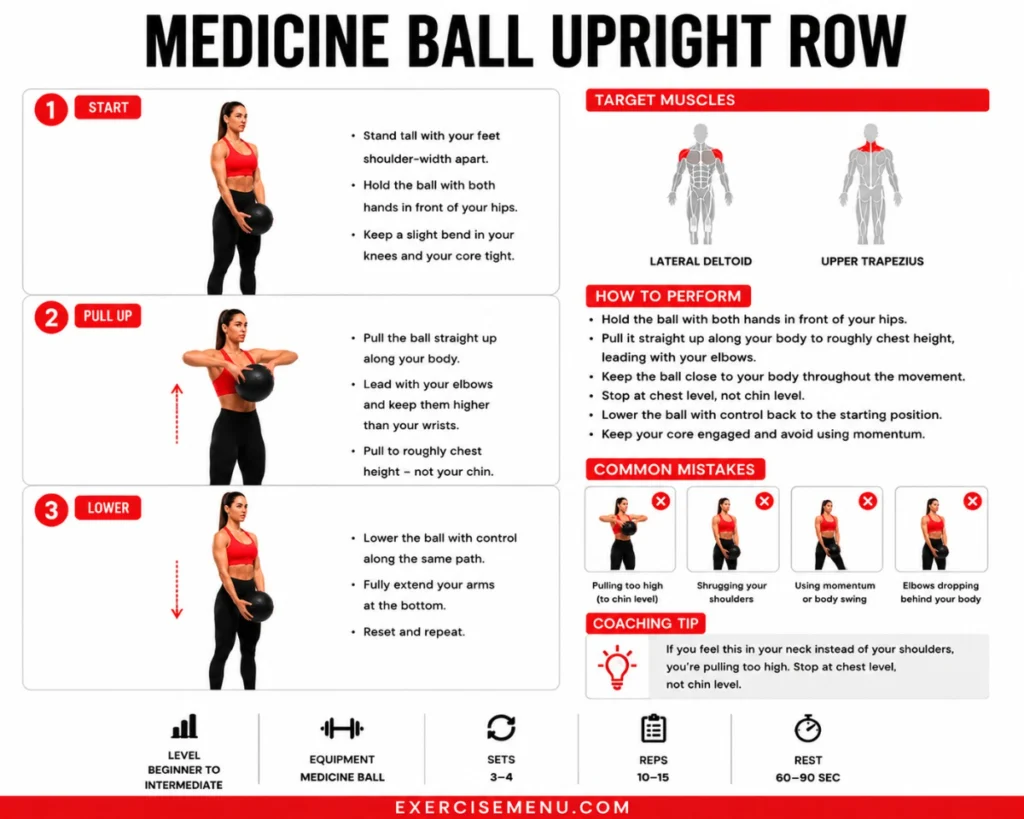 Man doing a medicine ball upright row, pulling the ball up along the body to chest height