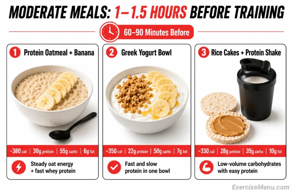 Protein oatmeal, Greek yogurt bowl and rice cakes with a protein shake for eating one hour before training.