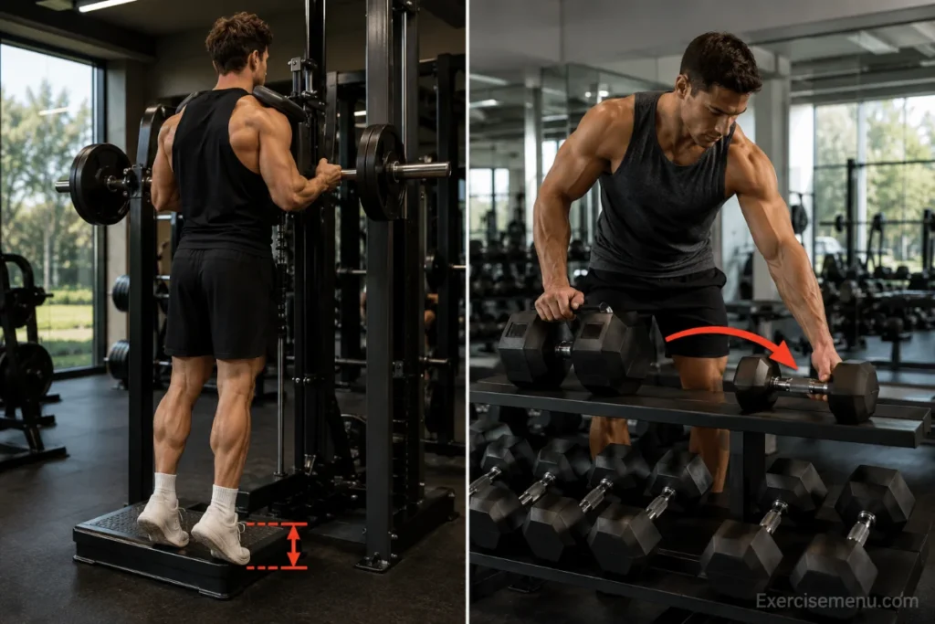 Side-by-side illustration of two past-failure techniques — lengthened partial reps on calf raises and drop sets with dumbbells