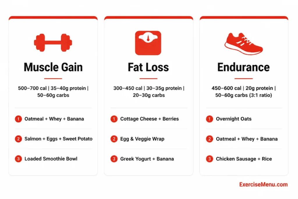 Post-workout breakfast comparison by fitness goal — muscle gain, fat loss, and endurance with recommended macros and meal examples