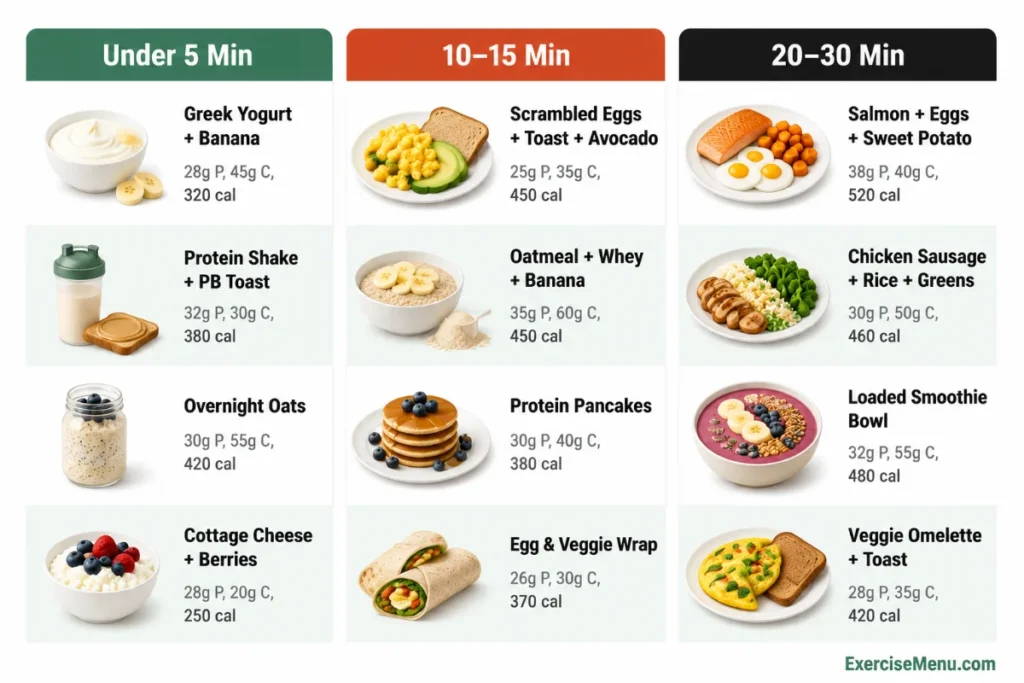 Post-workout breakfast ideas organized by prep time — 5-minute, 15-minute, and 30-minute options with protein and calorie counts