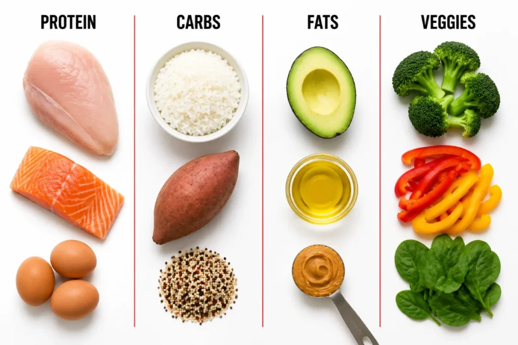 Post-workout meal builder formula showing protein, carb, fat, and veggie options to combine