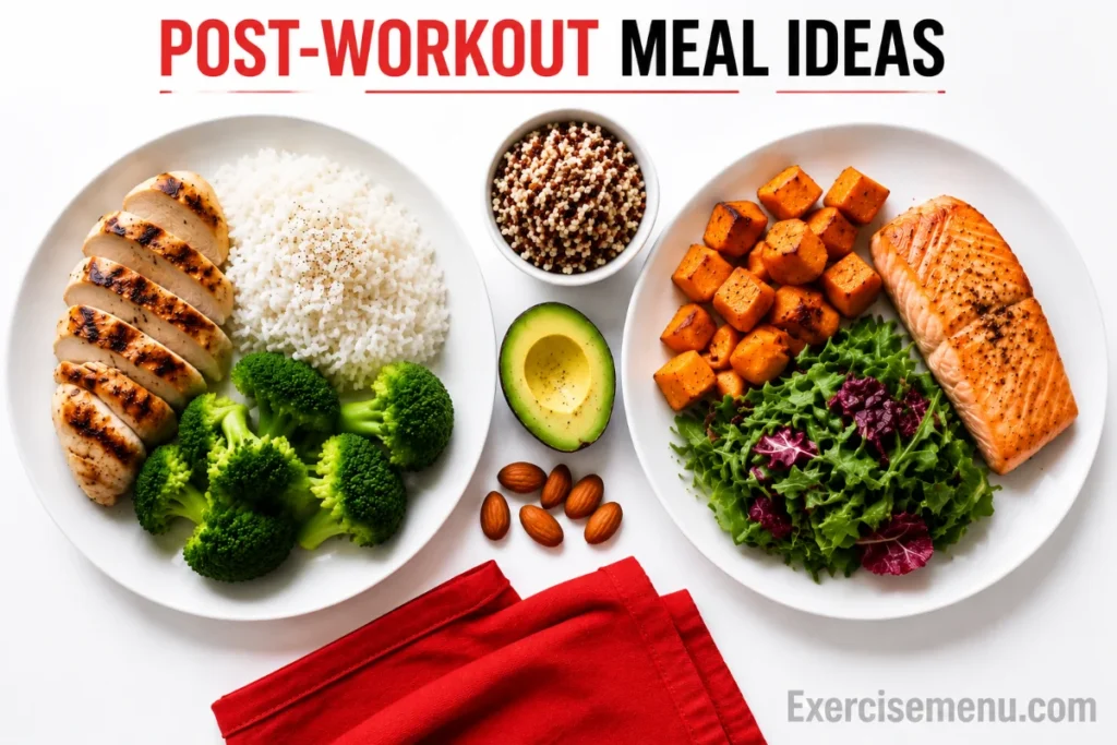 Post-workout meal ideas with grilled chicken, rice, vegetables, and salmon on a clean white background