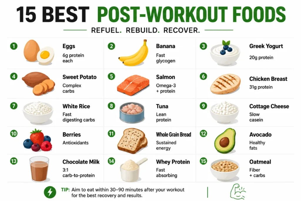 Post-workout meal timing chart showing the 2-hour anabolic window for muscle recovery